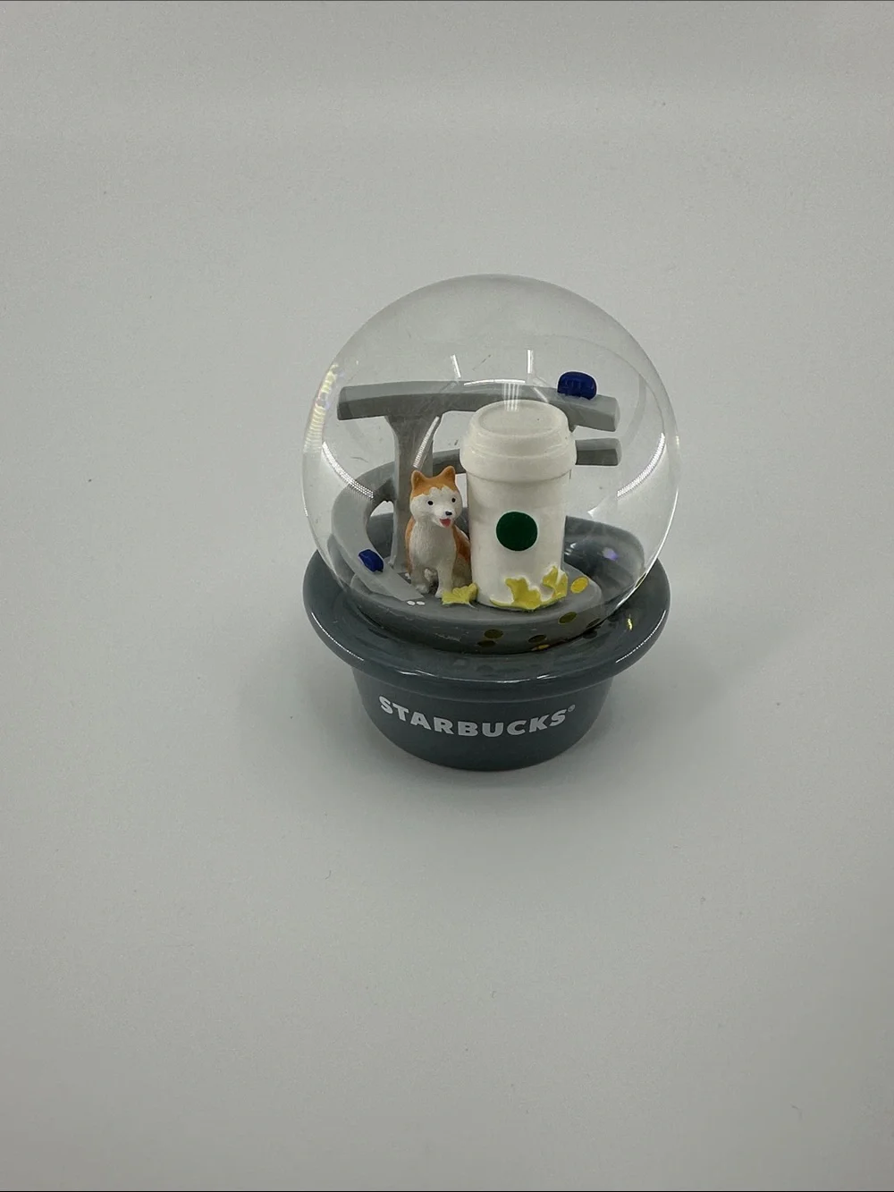 Starbucks Gray Mini Snow Globe with White Cup and Tan Dog